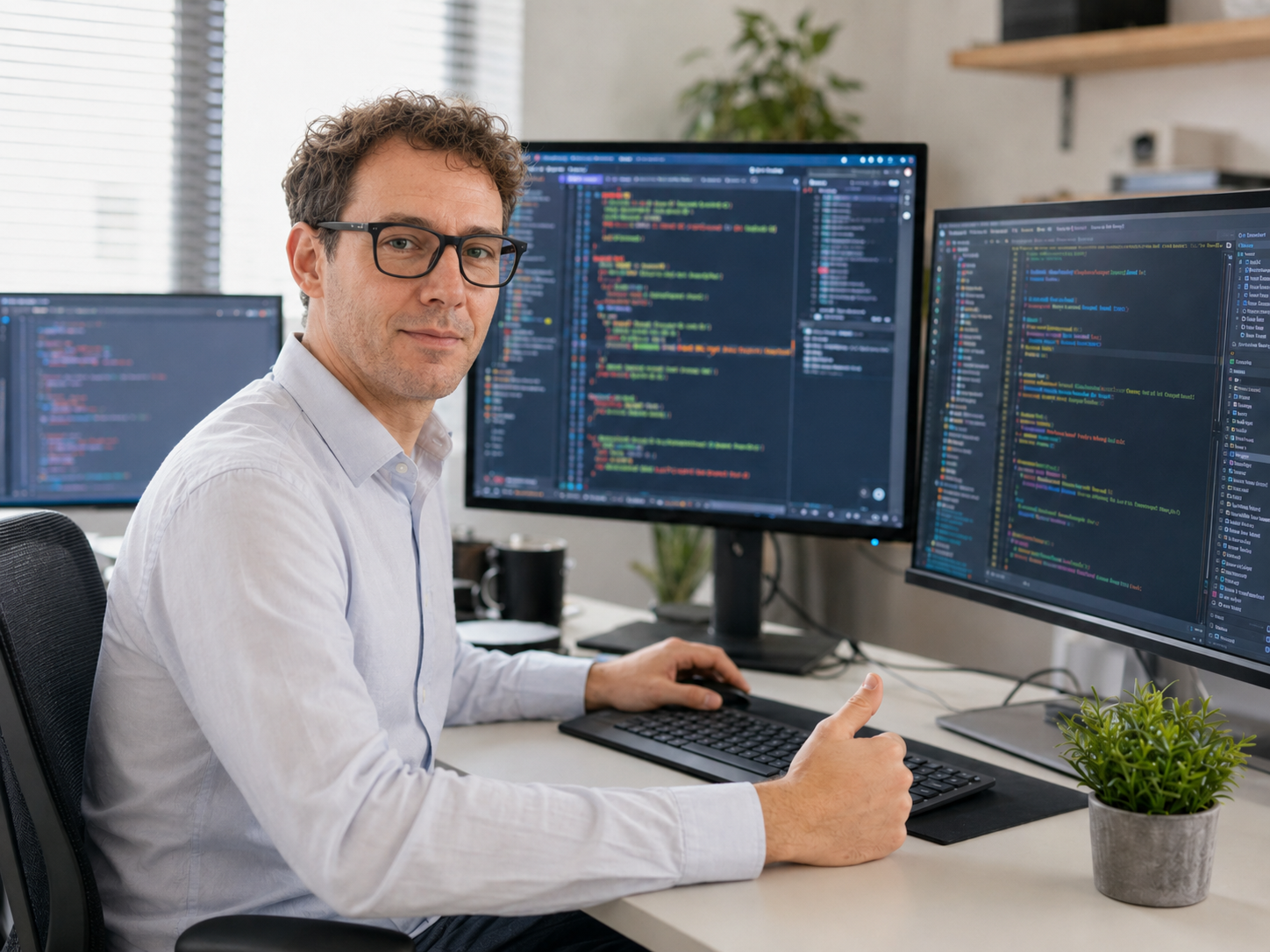 Desenvolvedor da Upwage trabalhando em múltiplos monitores